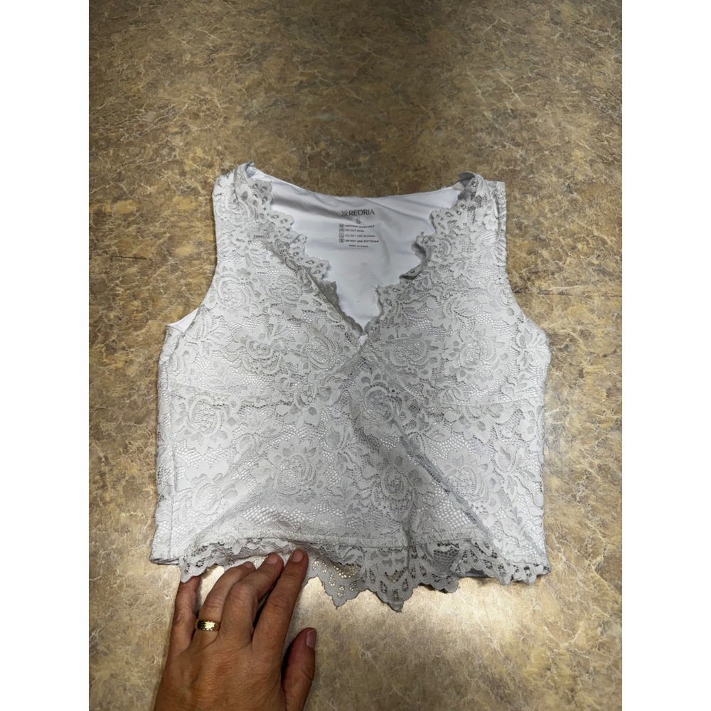 Reoria White Lace Wrap V-Neck Crop Top Sleeveless Scalloped Floral Small